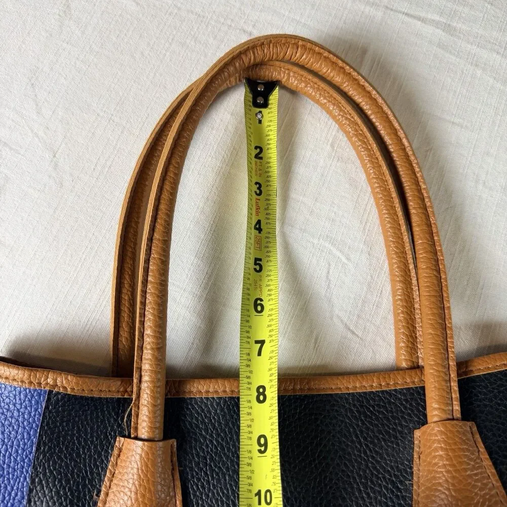 Neiman Marcus Tote Bag Colorblock Pebbled Faux Leather Black, Royal Blue, Tan